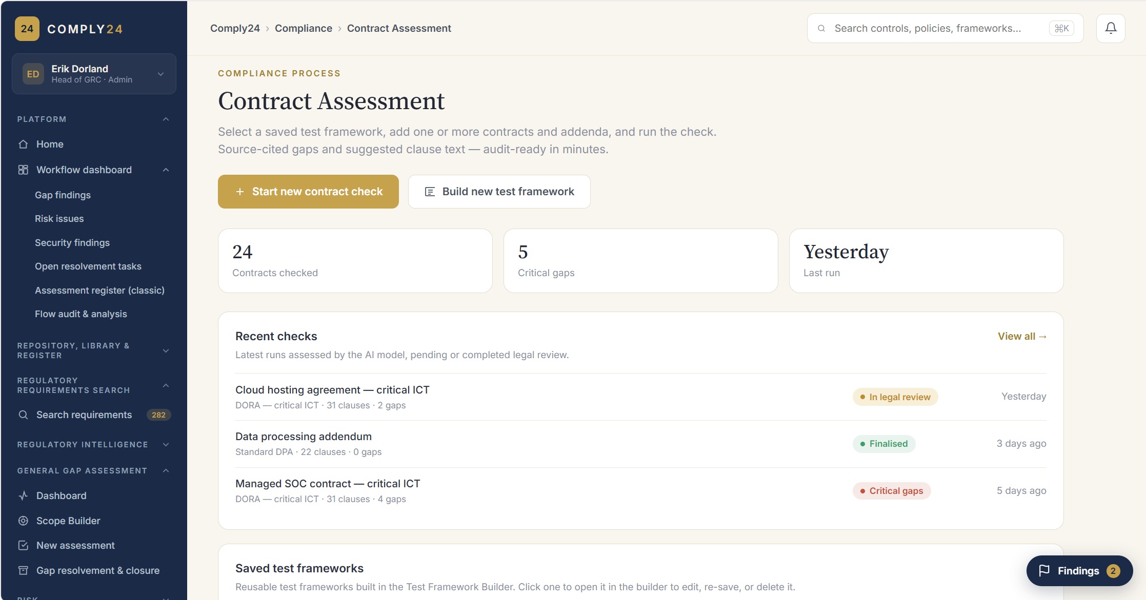 Comply24 Contract Compliance Check met AI-analyse van contractclausules per framework (DORA, AVG, NIS2) en suggesties voor remediation